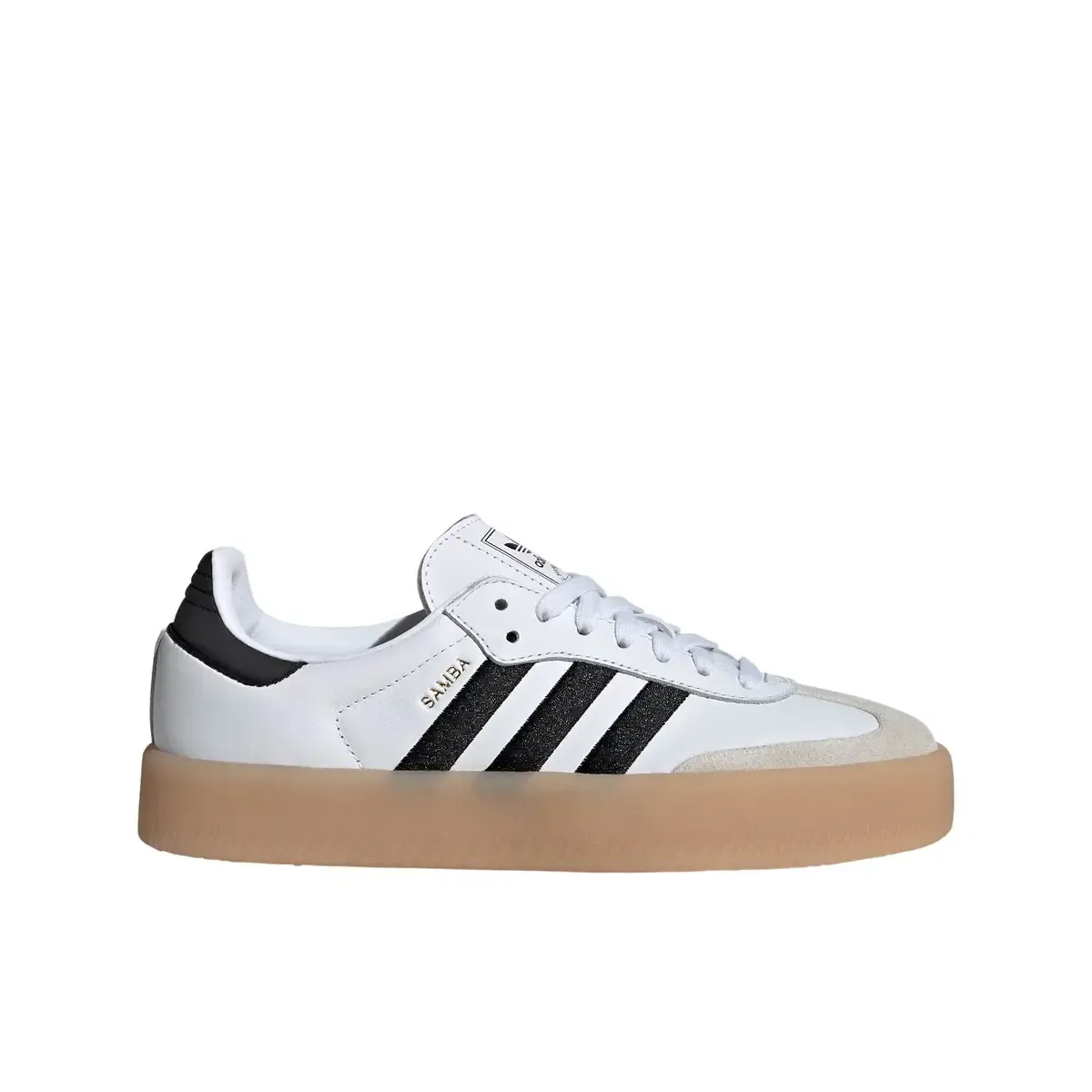 Adidas Samba sneaker with white upper, black stripes, and gum sole